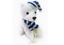 Plush polar bear wearing a blue and white striped knit hat and scarf