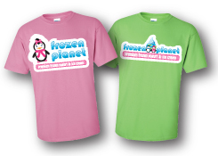 Pink and green T-shirts printed with the Frozen Planet logo
